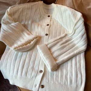 New Cream Ribbed Cardigan with Button Closure